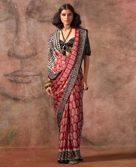 SAREE MALL Women's Satin Maroon Printed Designer Saree With Blouse Piece