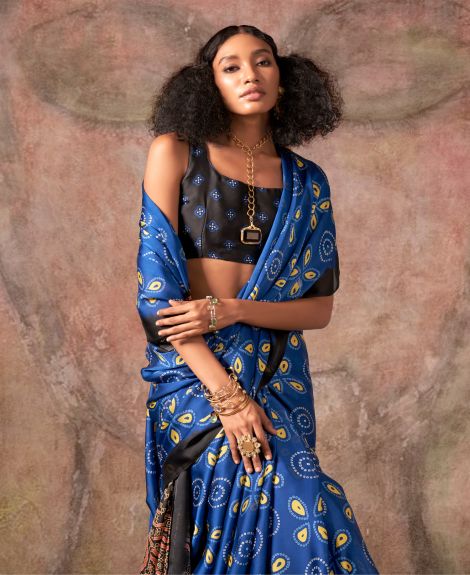 SAREE MALL Women's Satin Blue Printed Designer Saree With Blouse Piece
