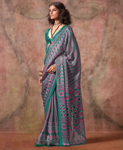 SAREE MALL Women's Satin Teal blue Printed Designer Saree With Blouse Piece