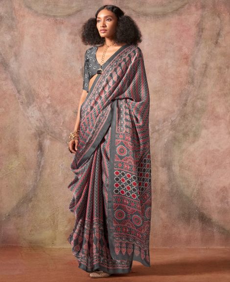 SAREE MALL Women's Satin Grey Printed Designer Saree With Blouse Piece