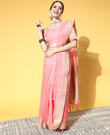 SAREEMALL Women's Silk Blend LightBlue WovenDesign CelebritySaree With Blouse Piece