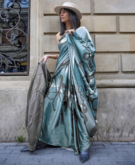 SAREE MALL Women's Satin Blue Printed Designer Saree With Blouse Piece