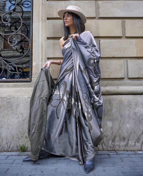 SAREE MALL Women's Satin Grey Printed Designer Saree With Blouse Piece