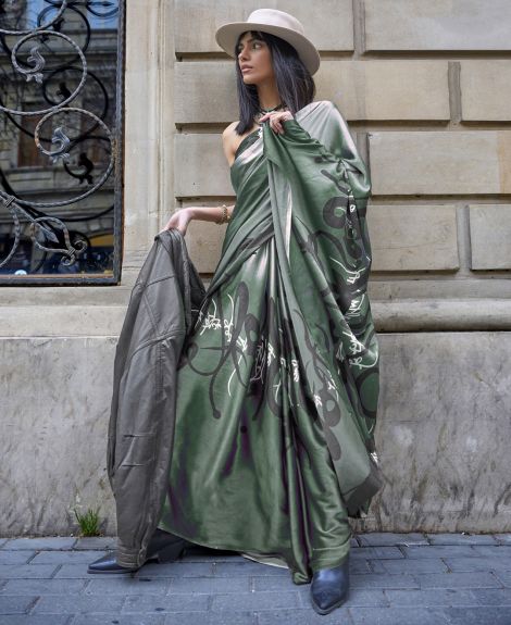 SAREE MALL Women's Satin Green Printed Designer Saree With Blouse Piece