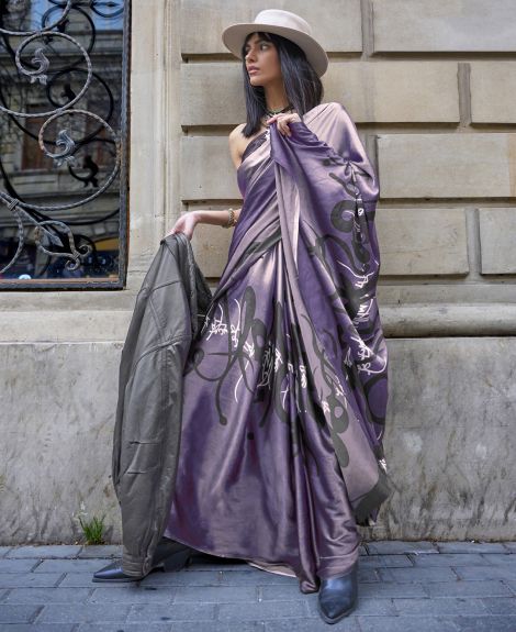 SAREE MALL Women's Satin Purple Printed Designer Saree With Blouse Piece