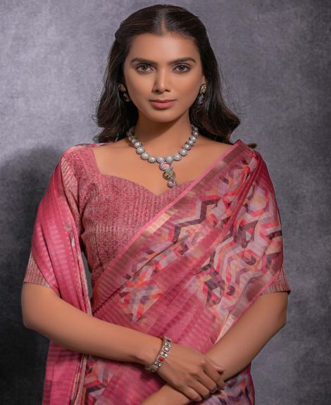 SAREE MALL Women's Linen Blend Pink Woven Design Designer Saree With Blouse Piece