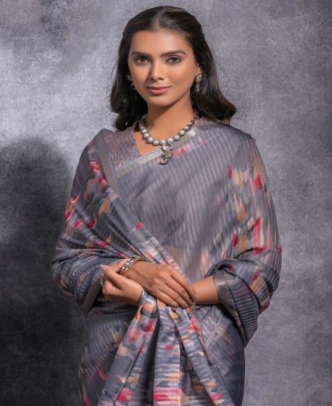 SAREE MALL Women's Linen Blend Grey Woven Design Designer Saree With Blouse Piece