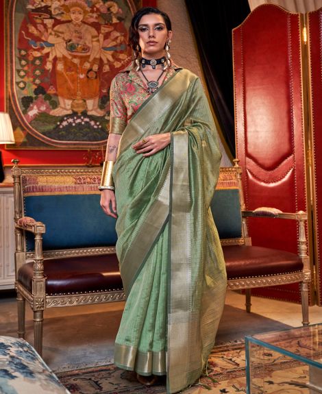 SAREE MALL Women's Chiffon Light Green Woven Design Designer Saree With Blouse Piece