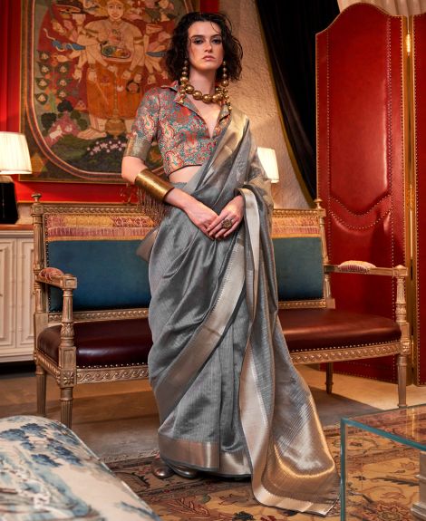 SAREE MALL Women's Chiffon Grey Woven Design Designer Saree With Blouse Piece