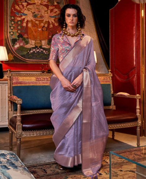 SAREE MALL Women's Chiffon Lavendar Woven Design Designer Saree With Blouse Piece