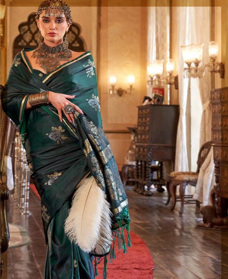 SAREE MALL Women's Satin Silk Dark Green Woven Design Designer Saree With Blouse Piece