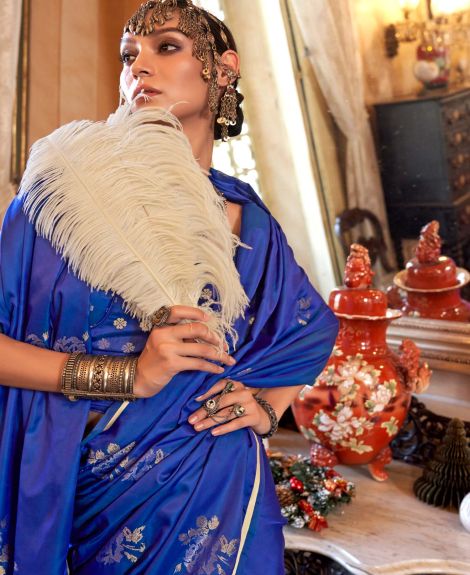 SAREE MALL Women's Satin Silk Blue Woven Design Designer Saree With Blouse Piece