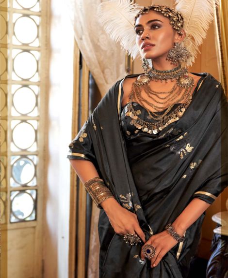 SAREE MALL Women's Satin Silk Black Woven Design Designer Saree With Blouse Piece