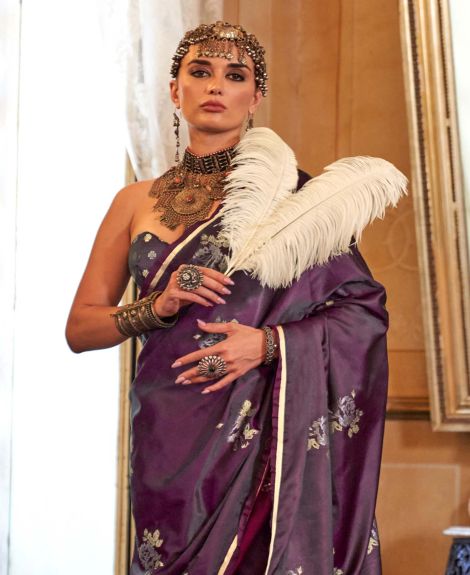 SAREE MALL Women's Satin Silk Burgundy Woven Design Designer Saree With Blouse Piece