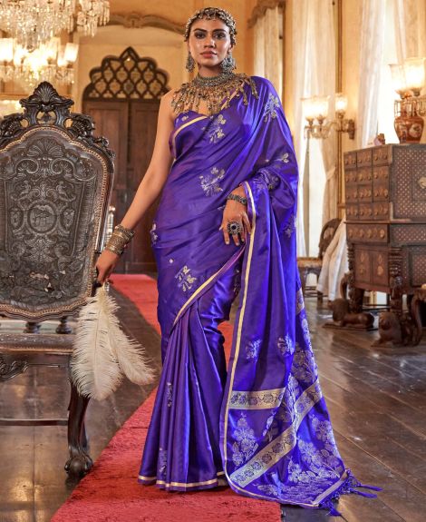 SAREE MALL Women's Satin Silk Indigo Woven Design Designer Saree With Blouse Piece