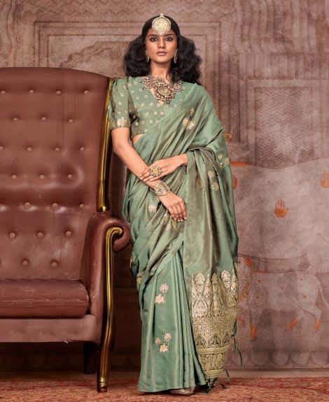 SAREE MALL Women's Satin Silk Light Green Woven Design Designer Saree With Blouse Piece