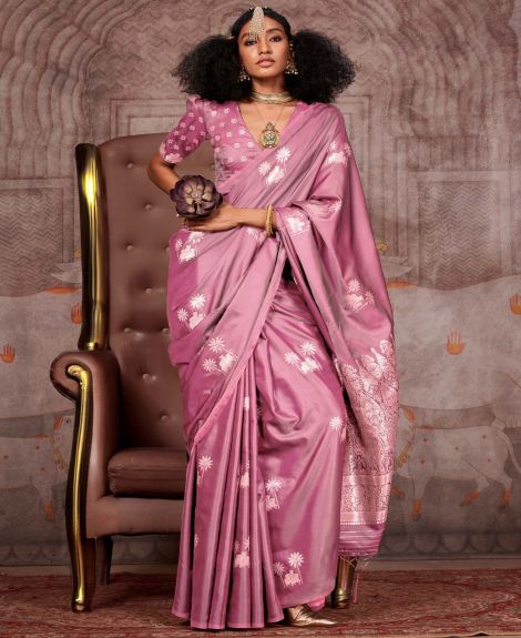 SAREE MALL Women's Satin Silk Mauve Woven Design Designer Saree With Blouse Piece