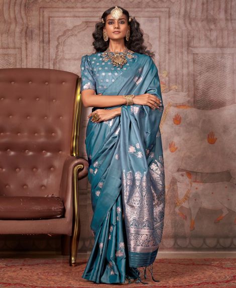 SAREE MALL Women's Satin Silk Teal blue Woven Design Designer Saree With Blouse Piece