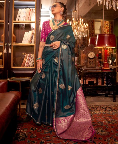 SAREE MALL Women's Satin Silk Dark Green Woven Design Designer Saree With Blouse Piece