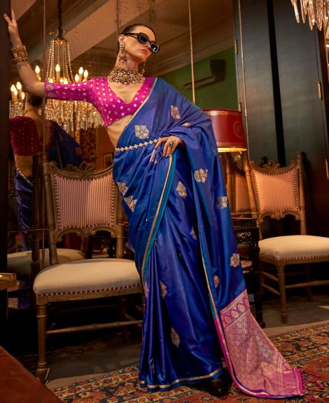 SAREE MALL Women's Satin Silk Blue Woven Design Designer Saree With Blouse Piece