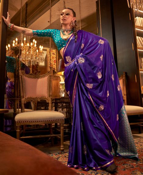 SAREE MALL Women's Satin Silk Purple Woven Design Designer Saree With Blouse Piece