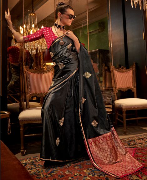 SAREE MALL Women's Satin Silk Black Woven Design Designer Saree With Blouse Piece