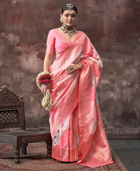 SAREE MALL Women's Silk Blend Peach Woven Design Designer Saree With Blouse Piece