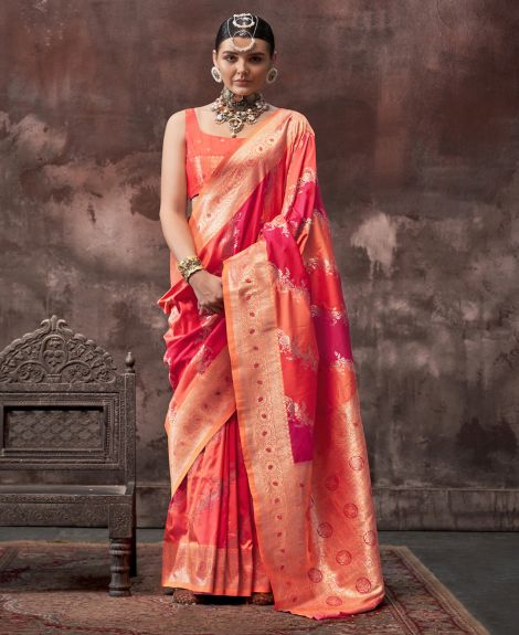 SAREE MALL Women's Silk Blend Red Woven Design Designer Saree With Blouse Piece