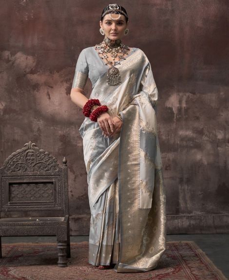 SAREE MALL Women's Silk Blend Grey Woven Design Designer Saree With Blouse Piece