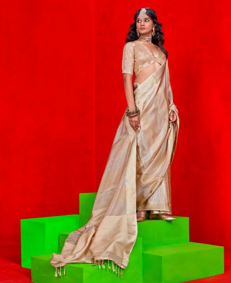 SAREE MALL Women's Viscose Beige Embellished Designer Saree With Blouse Piece