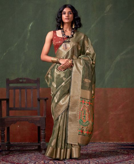 SAREE MALL Women's Tissue Olive Woven Design Designer Saree With Blouse Piece