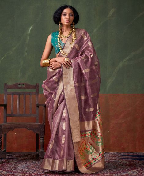 SAREE MALL Women's Tissue Mauve Woven Design Designer Saree With Blouse Piece