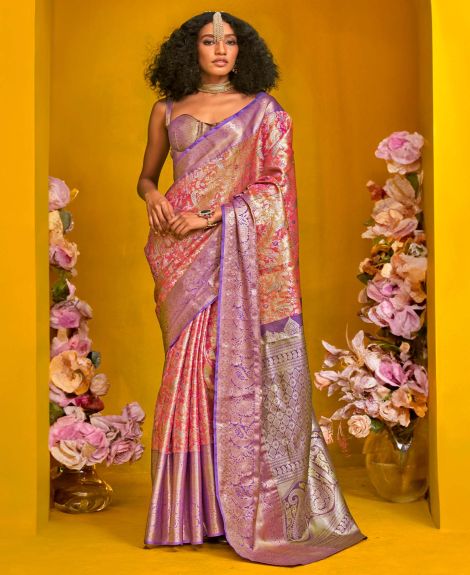SAREE MALL Women's Kanjeevaram Silk Pink Woven Design Designer Saree With Blouse Piece