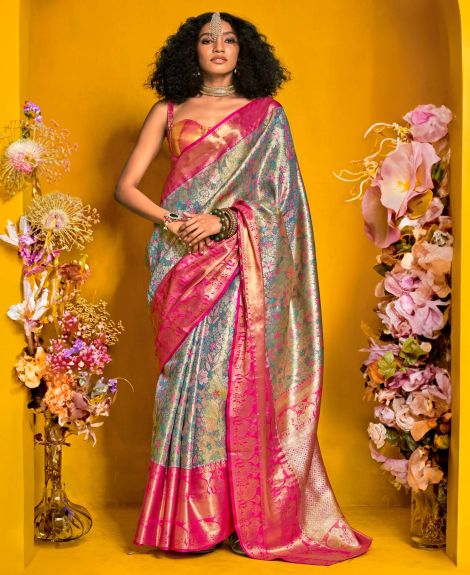 SAREE MALL Women's Kanjeevaram Silk Light Blue Woven Design Designer Saree With Blouse Piece