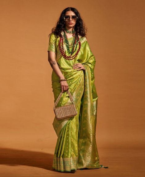 SAREEMALL Women's Satin Silk LightGreen WovenDesign DesignerSaree With Blouse Piece