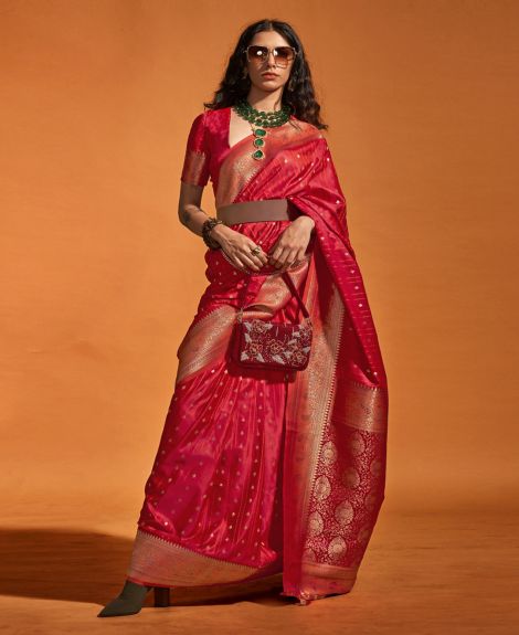 SAREEMALL Women's Satin Silk Red WovenDesign DesignerSaree With Blouse Piece