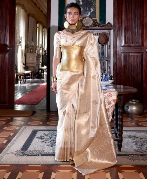 SAREE MALL Women's Silk Blend Off White Woven Design Designer Saree With Blouse Piece