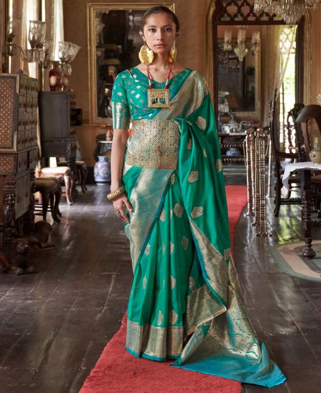 SAREE MALL Women's Silk Blend Turquoise Woven Design Designer Saree With Blouse Piece
