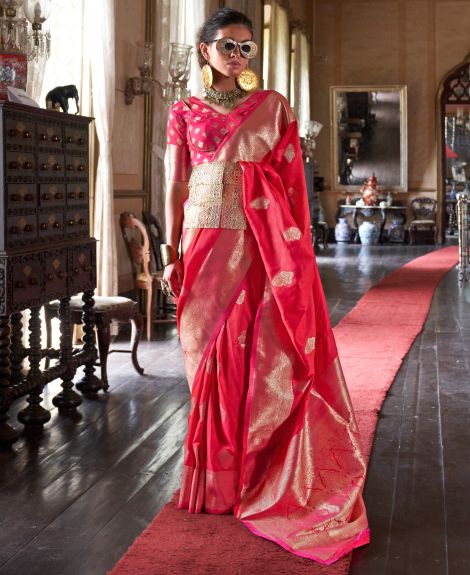 SAREE MALL Women's Silk Blend Pink Woven Design Designer Saree With Blouse Piece