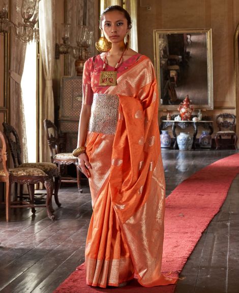 SAREE MALL Women's Silk Blend Orange Woven Design Designer Saree With Blouse Piece