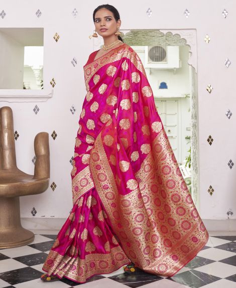 SAREE MALL Women's Satin Silk Pink Woven Design Designer Saree With Blouse Piece