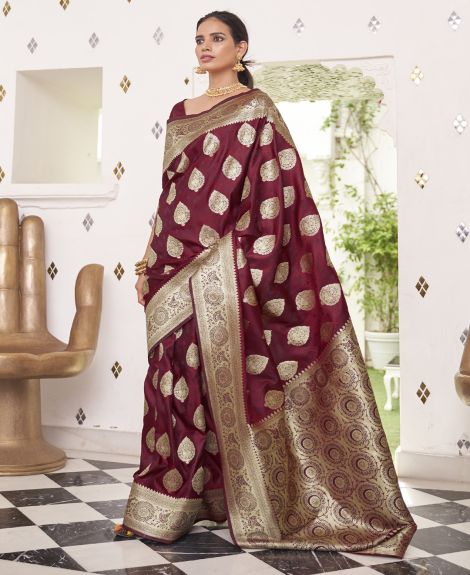 SAREE MALL Women's Satin Silk Maroon Woven Design Designer Saree With Blouse Piece