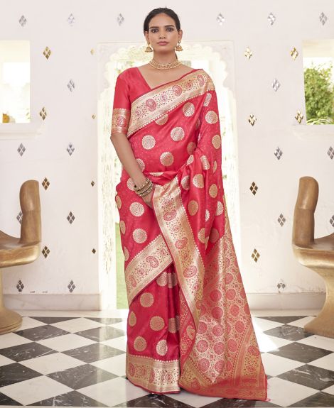 SAREE MALL Women's Satin Silk Pink Woven Design Designer Saree With Blouse Piece