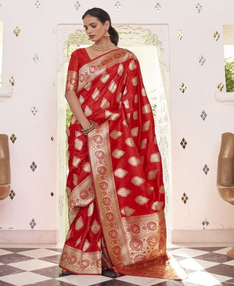 SAREE MALL Women's Satin Silk Red Woven Design Designer Saree With Blouse Piece