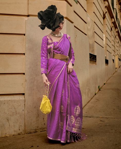 SAREEMALL Women's Satin Silk Purple WovenDesign DesignerSaree With Blouse Piece