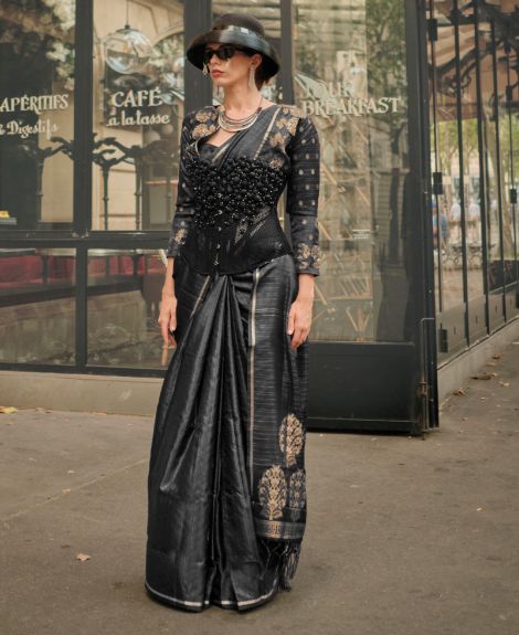 SAREEMALL Women's Satin Silk Black WovenDesign DesignerSaree With Blouse Piece