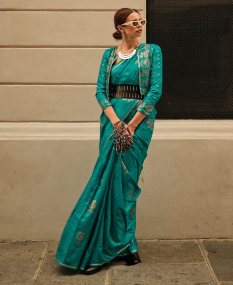 SAREEMALL Women's Satin Silk Blue WovenDesign DesignerSaree With Blouse Piece