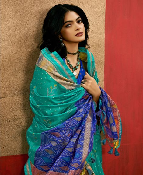 SAREE MALL Women's Tussar Silk Teal blue Woven Design Designer Saree With Blouse Piece