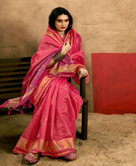 SAREE MALL Women's Tussar Silk Pink Woven Design Designer Saree With Blouse Piece