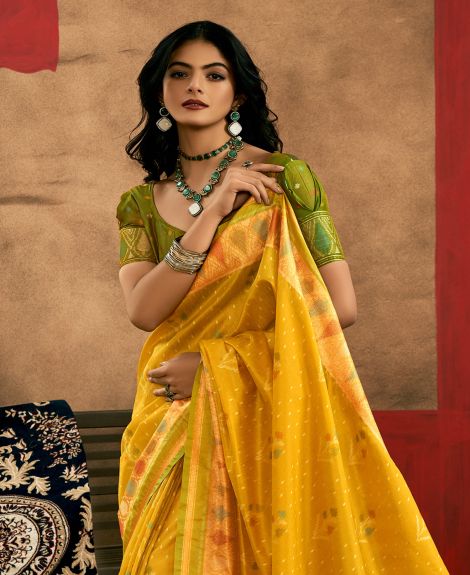 SAREE MALL Women's Tussar Silk Yellow Woven Design Designer Saree With Blouse Piece